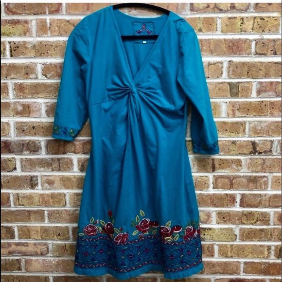 Johnny Was Dresses & Skirts - JOHNNY WAS TEAL EMBROIDRD DRESS - L